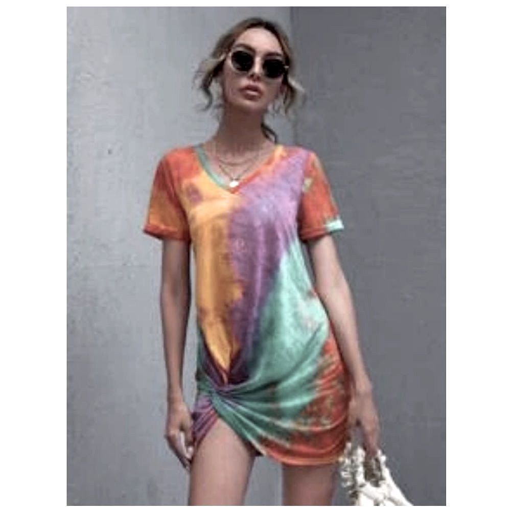 V-neck Twist Hem Tie Dye Dress